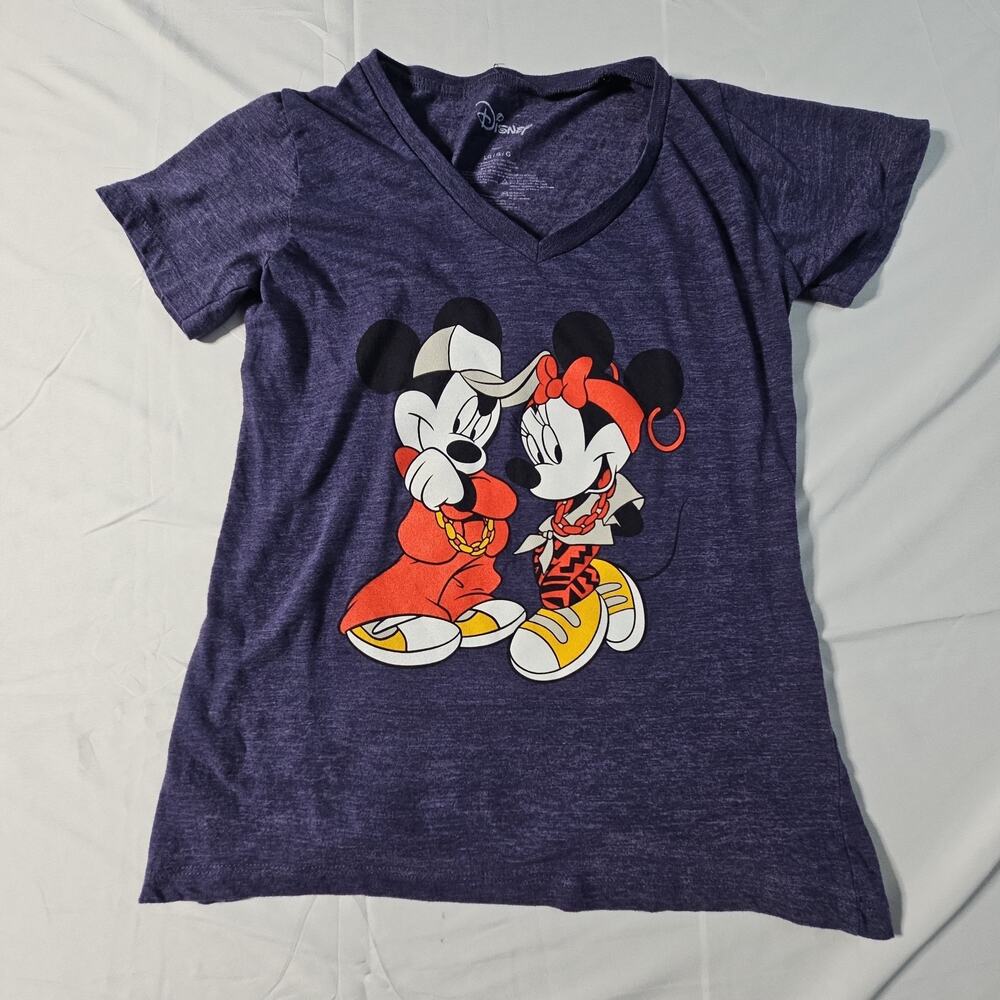 Disney Mickey & Minnie Mouse Graphic T Shirt Womens L Purple Short Sleeve v neck